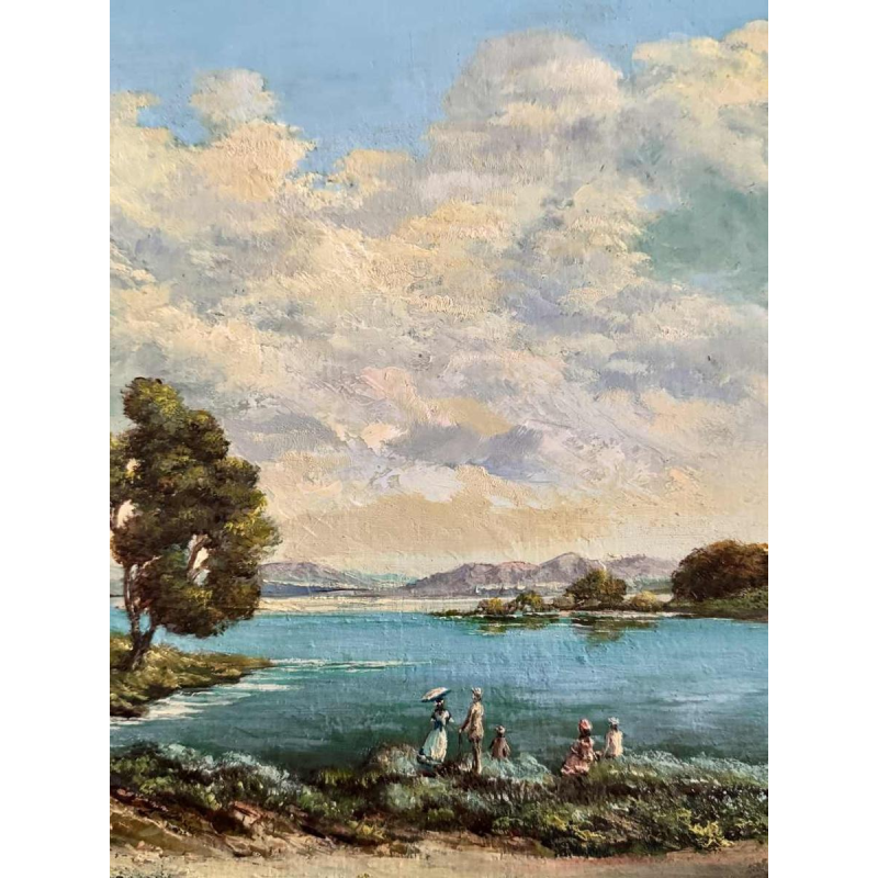Willy PANNIER «Détente au bord de l'eau» peinture, huile sur panneau