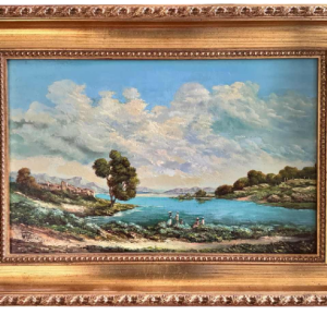 Willy PANNIER «Détente au bord de l'eau» peinture, huile sur panneau