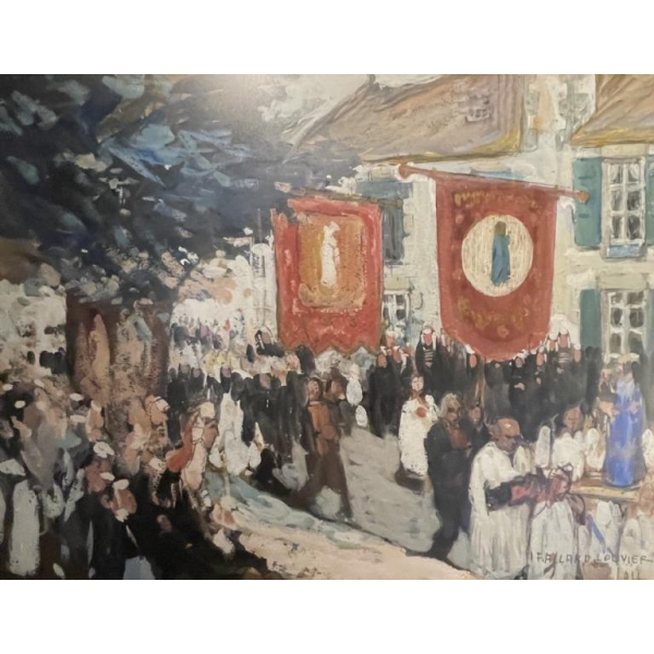 FERNAND ALLARD L'OLIVIER " Procession en Bretagne " Peinture Gouache 1912