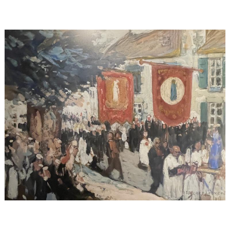 FERNAND ALLARD L'OLIVIER "Processie in Bretagne" Gouache Schilderij 1912