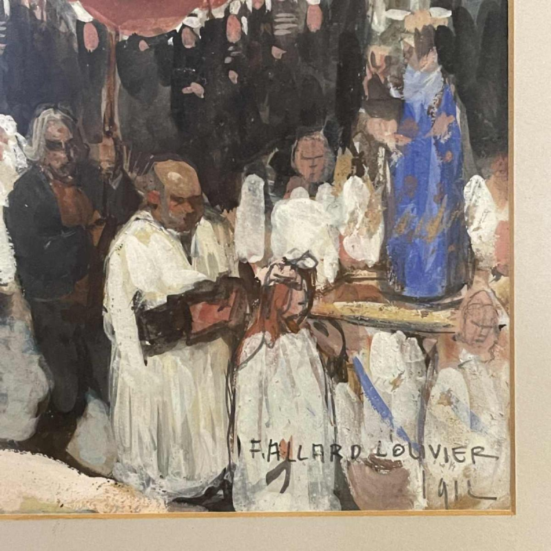 FERNAND ALLARD L'OLIVIER "Procession in Brittany" Gouache Painting 1912