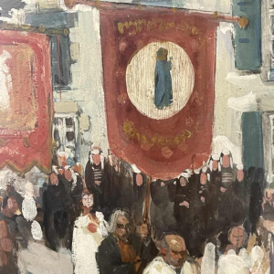 FERNAND ALLARD L'OLIVIER "Procession in Brittany" Gouache Painting 1912