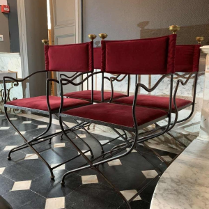 Suite of 4 Italian SAVONAROLA Dining Chairs / Armchairs, Wrought Iron Brass1940s