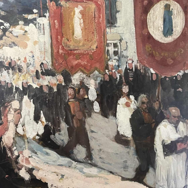 FERNAND ALLARD L'OLIVIER "Processie in Bretagne" Gouache Schilderij 1912