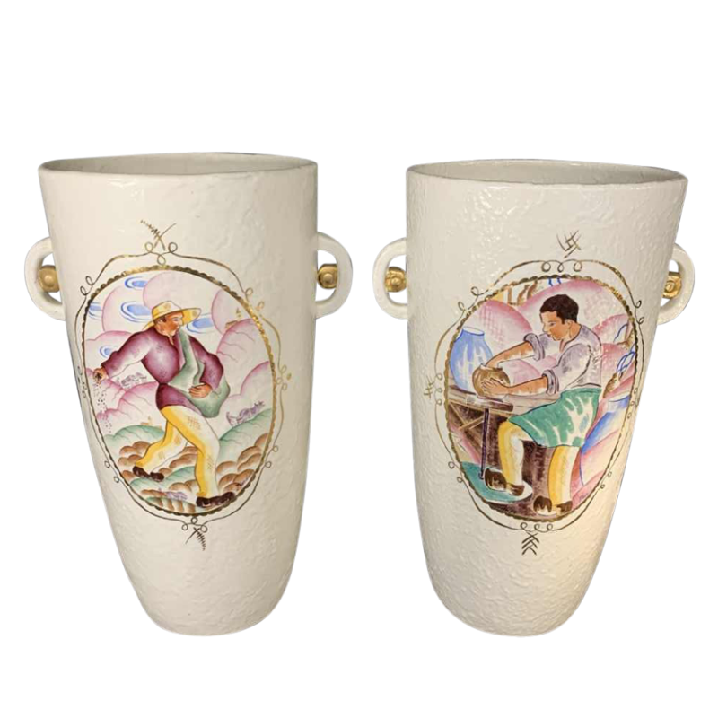LOUIS RANDOUR Saint Ghislain, Paire de Grands Vases Uniques, CÃ©ramique Art DÃ©co