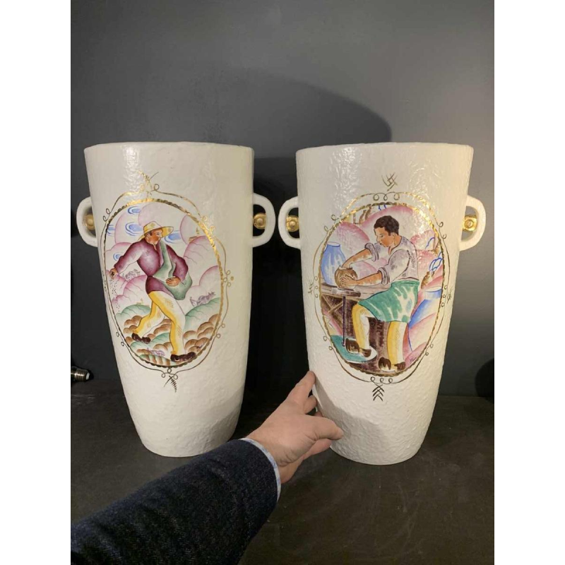 LOUIS RANDOUR Saint Ghislain, Pair of Large Unique Vases, Art Deco Ceramics 1930
