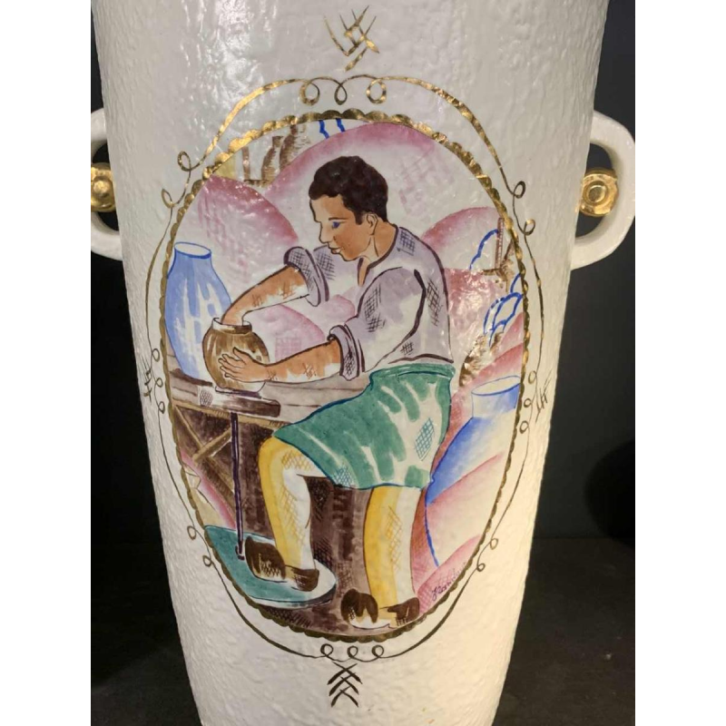 LOUIS RANDOUR Saint Ghislain, Pair of Large Unique Vases, Art Deco Ceramics 1930