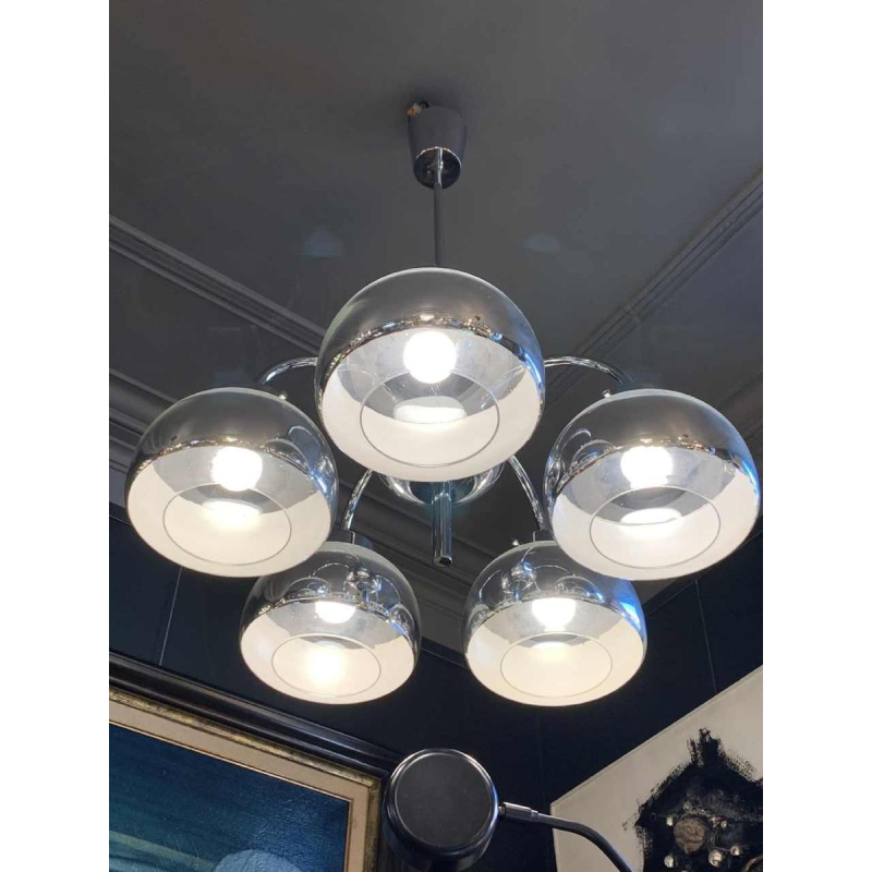 GAETANO SCIOLARI, Lustre mÃ©tal chromÃ© et bobÃ¨ches mercurÃ©es d'origine, 1960s