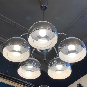 GAETANO SCIOLARI, Lustre mÃ©tal chromÃ© et bobÃ¨ches mercurÃ©es d'origine, 1960s