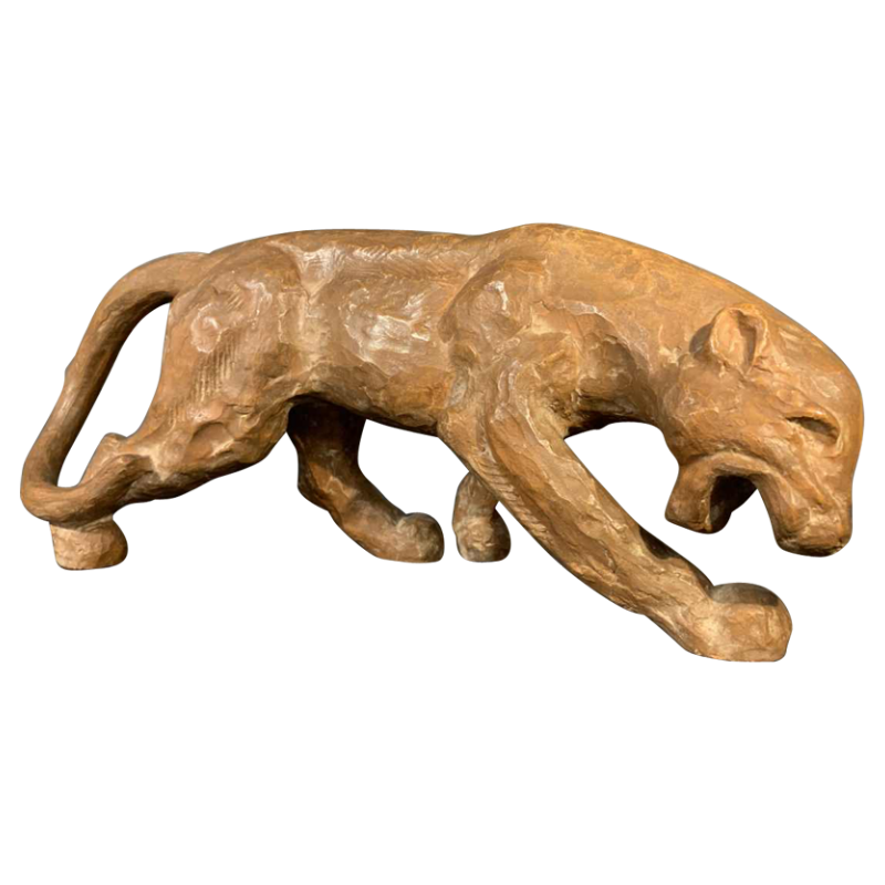 R. POLLIN, Art Deco Terracotta Panther / Lion / Lioness Sculpture, 1930s