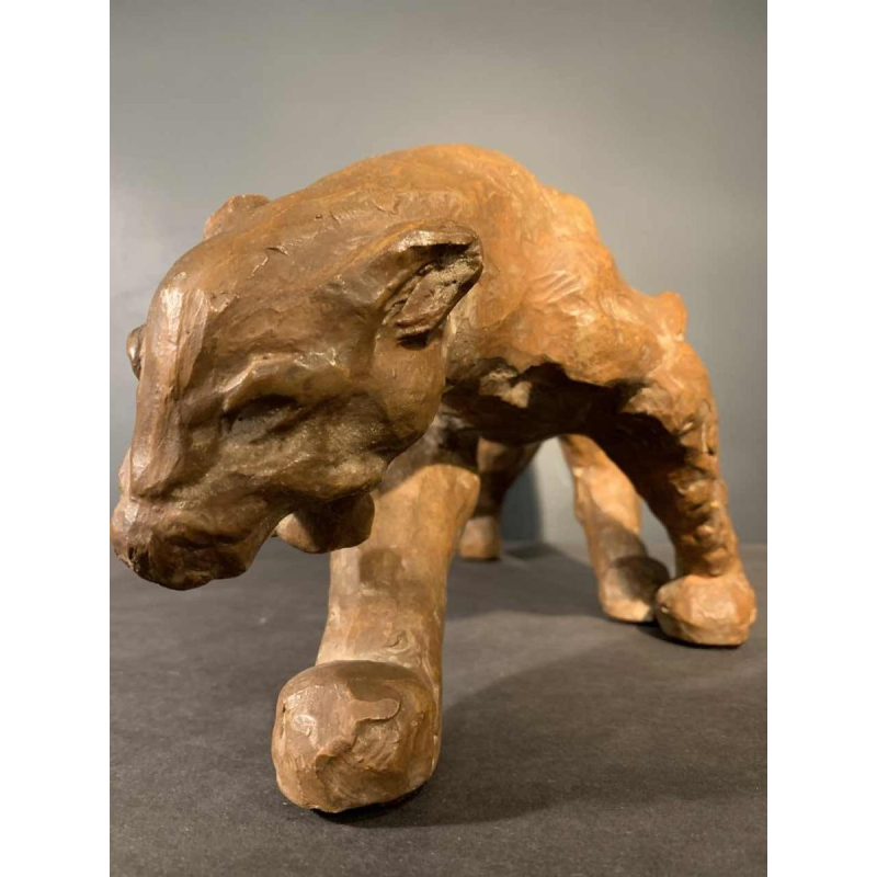 R. POLLIN, Art Deco Terracotta Panter / Leeuw / Leeuwin Sculptuur, jaren 30