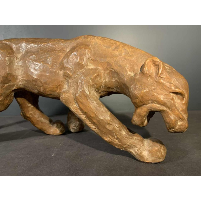 R. POLLIN, Art Deco Terracotta Panther / Lion / Lioness Sculpture, 1930s