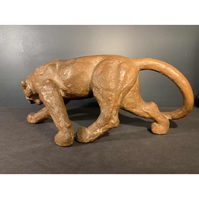 R. POLLIN, Art Deco Terracotta Panther / Lion / Lioness Sculpture, 1930s