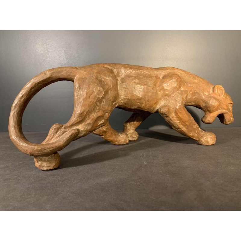 R. POLLIN, Art Deco Terracotta Panther / Lion / Lioness Sculpture, 1930s