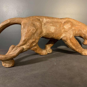R. POLLIN, Art Deco Terracotta Panter / Leeuw / Leeuwin Sculptuur, jaren 30