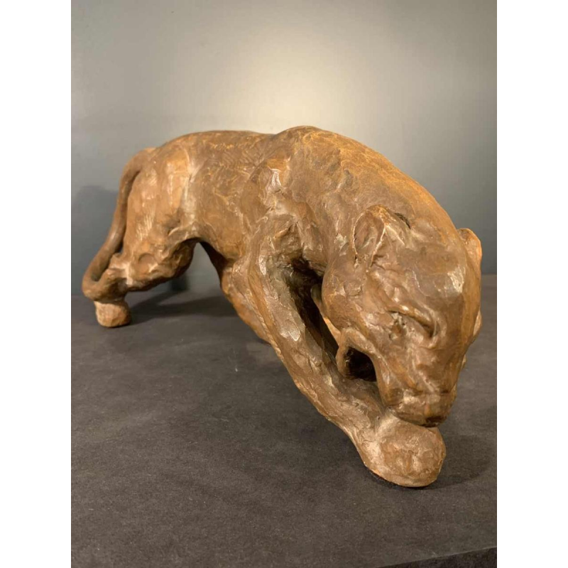 R. POLLIN, Art Deco Terracotta Panter / Leeuw / Leeuwin Sculptuur, jaren 30