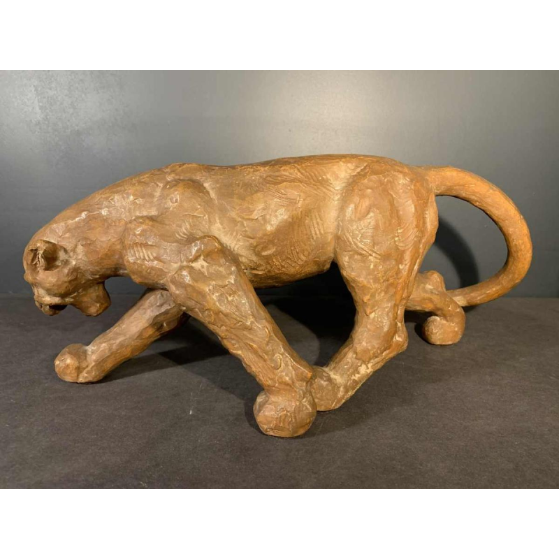 R. POLLIN, Sculpture PanthÃ¨re / Lion / Lionne Art DÃ©co en Terre Cuite, 1930s