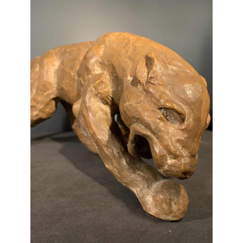 R. POLLIN, Sculpture PanthÃ¨re / Lion / Lionne Art DÃ©co en Terre Cuite, 1930s