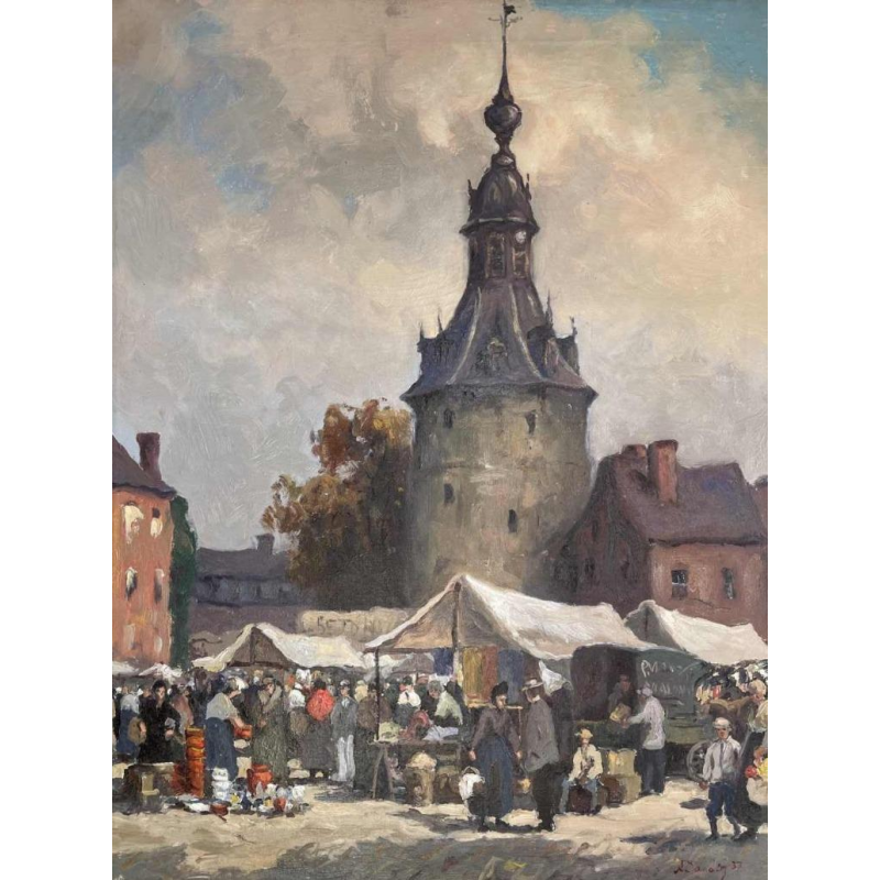 Albert DANDOY (1885-1977): « Marché à Namur en 1933 » hst 65x50 cm
