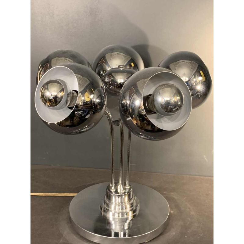 Zeldzame space age "Eyeball" tafellamp, verchroomd staal, 5 lichtarmen, jaren 70