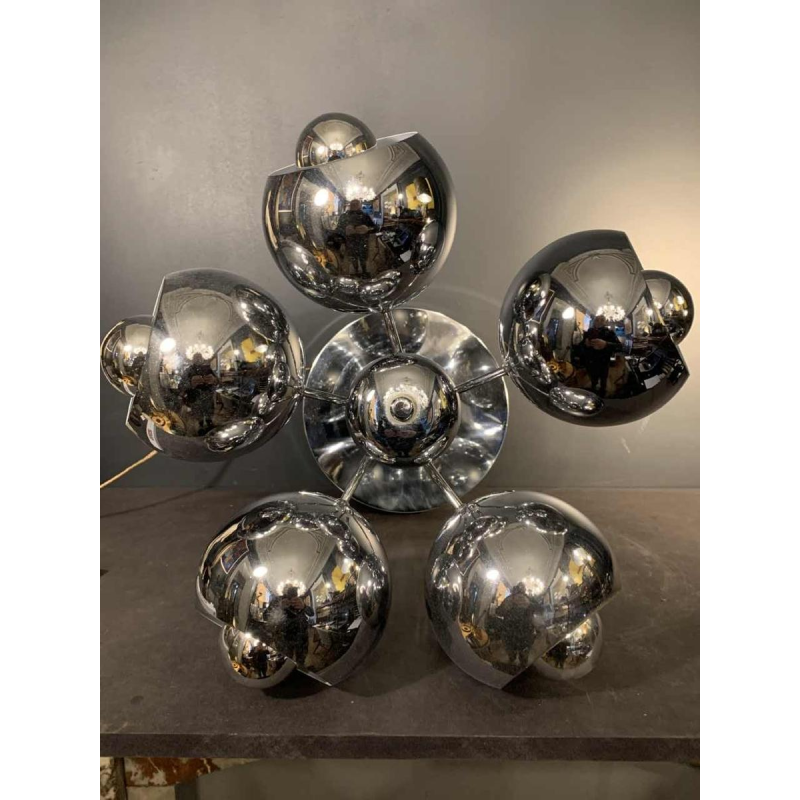 Zeldzame space age "Eyeball" tafellamp, verchroomd staal, 5 lichtarmen, jaren 70