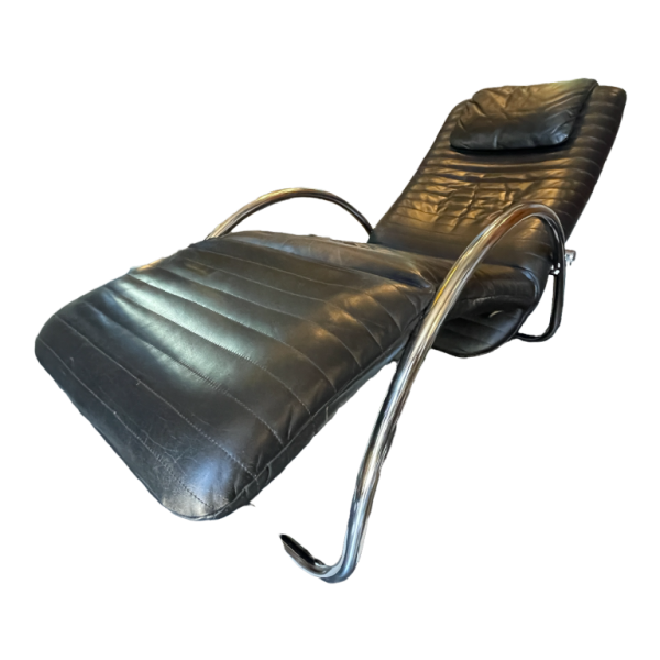 Vintage Leather / Chrome Metal Chaise Longue, Italian Design Lounge Chair 1970