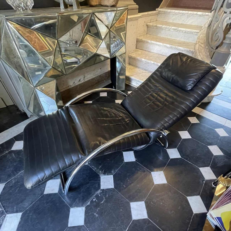 Chaise Longue Vintage en Cuir et Me´tal Chrome´, Design italien, ca 1970s
