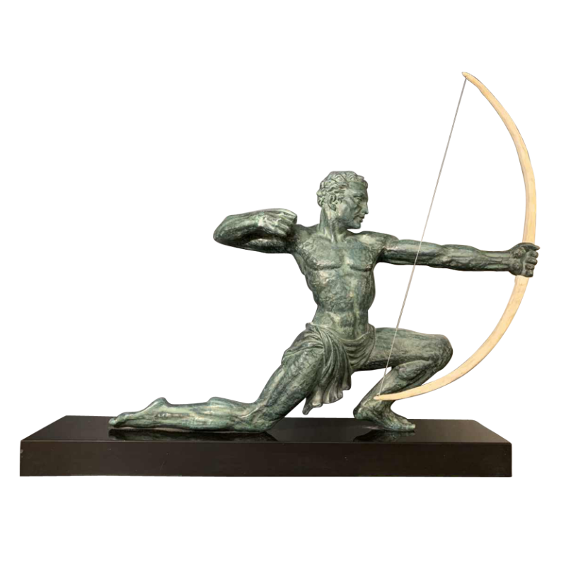 SALVATORE MELANI "Archer", Art Deco Man Sculptuur, groen patina, jaren 30