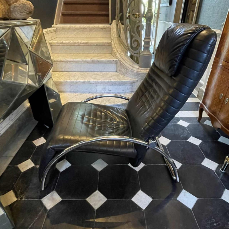 Chaise Longue Vintage en Cuir et Me´tal Chrome´, Design italien, ca 1970s