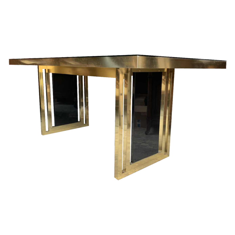 Romeo Rega atributed, Italian Brass Black Dining Table, Design Hollywood Regency