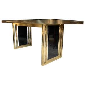 Romeo Rega atributed, Italian Brass Black Dining Table, Design Hollywood Regency