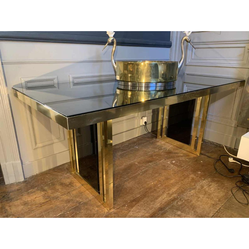 Romeo Rega atributed, Italian Brass Black Dining Table, Design Hollywood Regency