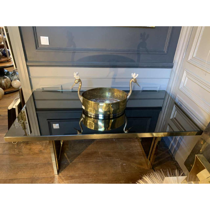 Romeo Rega atributed, Italian Brass Black Dining Table, Design Hollywood Regency