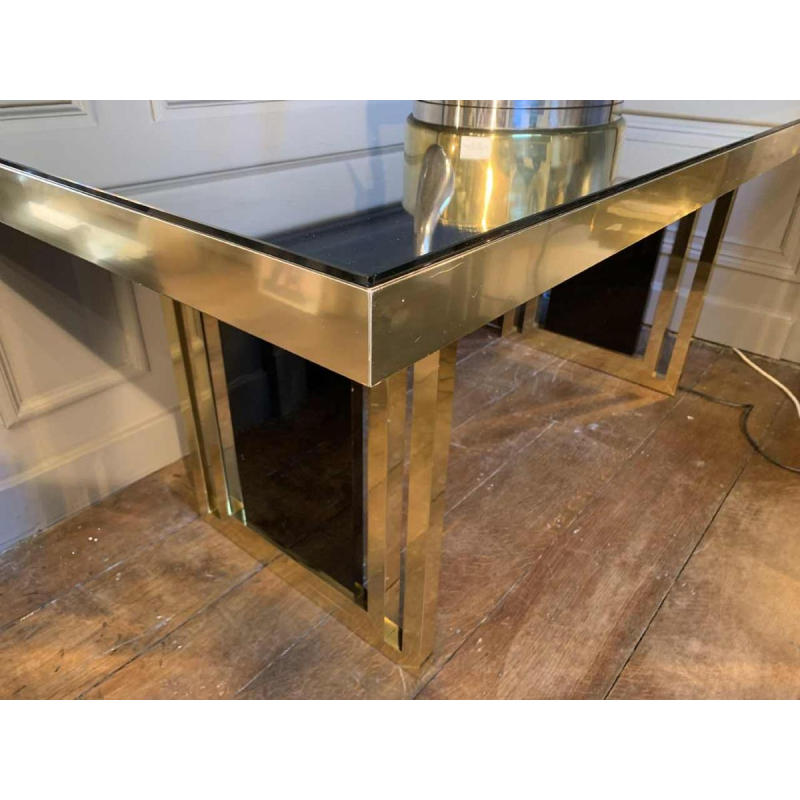 Romeo Rega atributed, Italian Brass Black Dining Table, Design Hollywood Regency