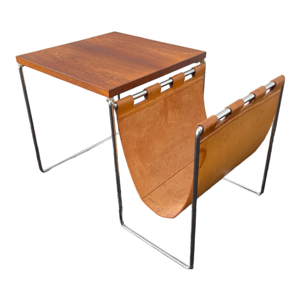 Vintage leather, rosewood, chromed steel side table / newspaper rack, ca 1970
