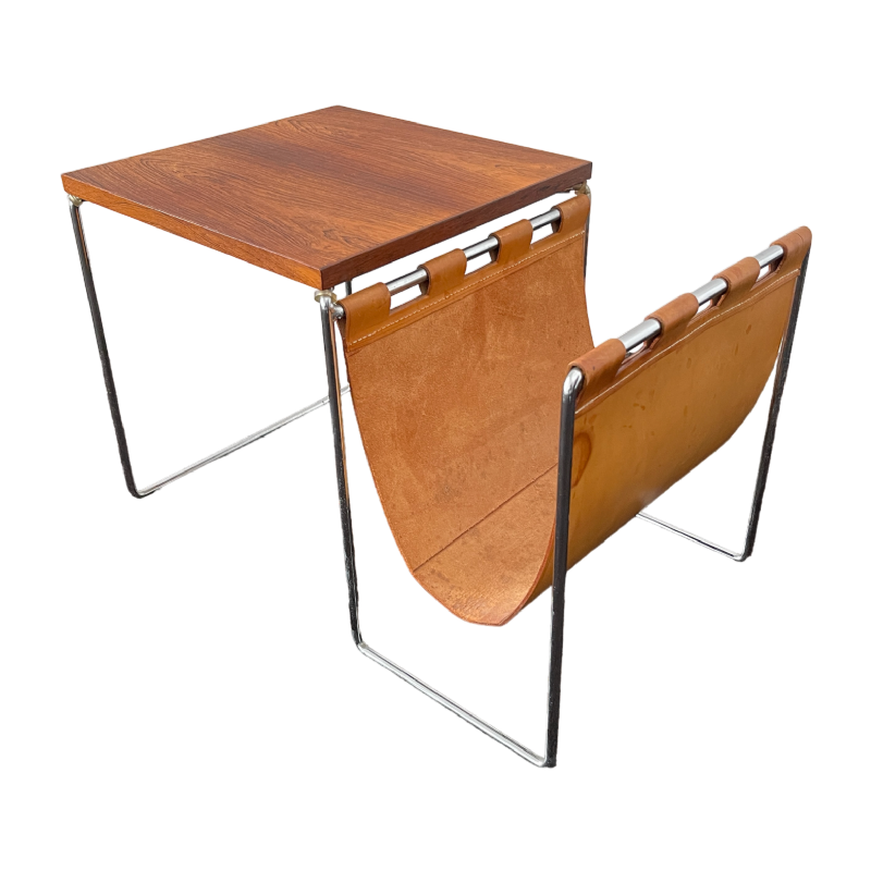 Table d'appoint / porte-journaux vintage en cuir, palissandre acier chrome´ 1970