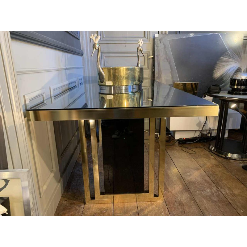 Romeo Rega atributed, Italian Brass Black Dining Table, Design Hollywood Regency
