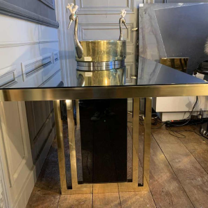 Romeo Rega atributed, Italian Brass Black Dining Table, Design Hollywood Regency