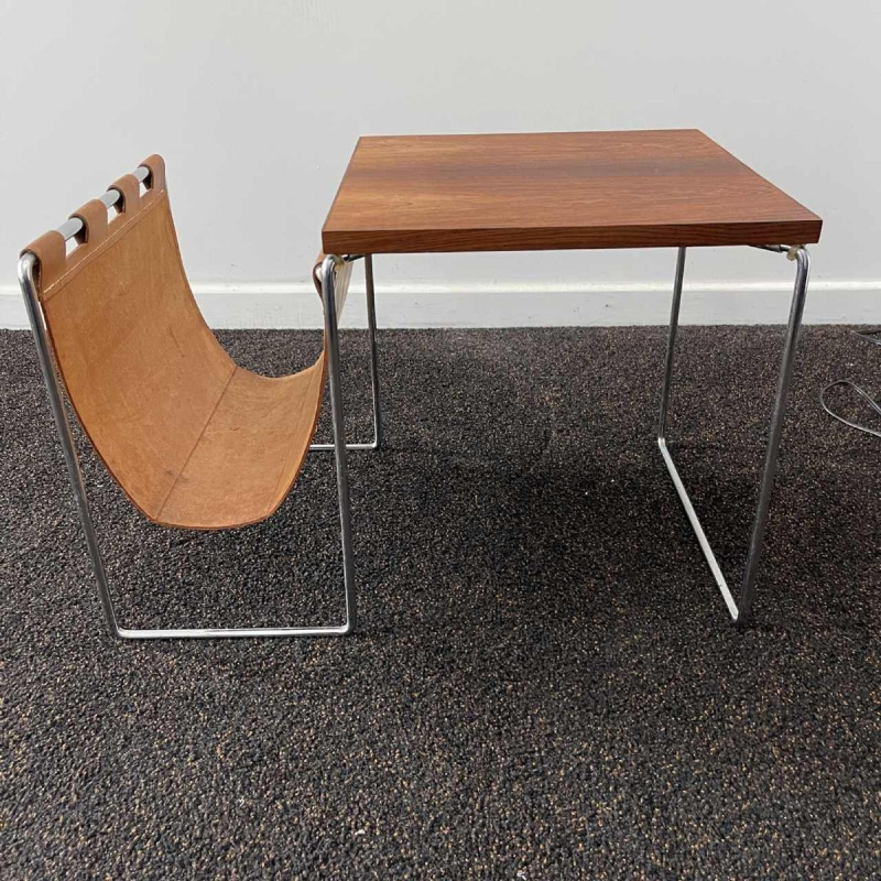 Table d'appoint / porte-journaux vintage en cuir, palissandre acier chrome´ 1970