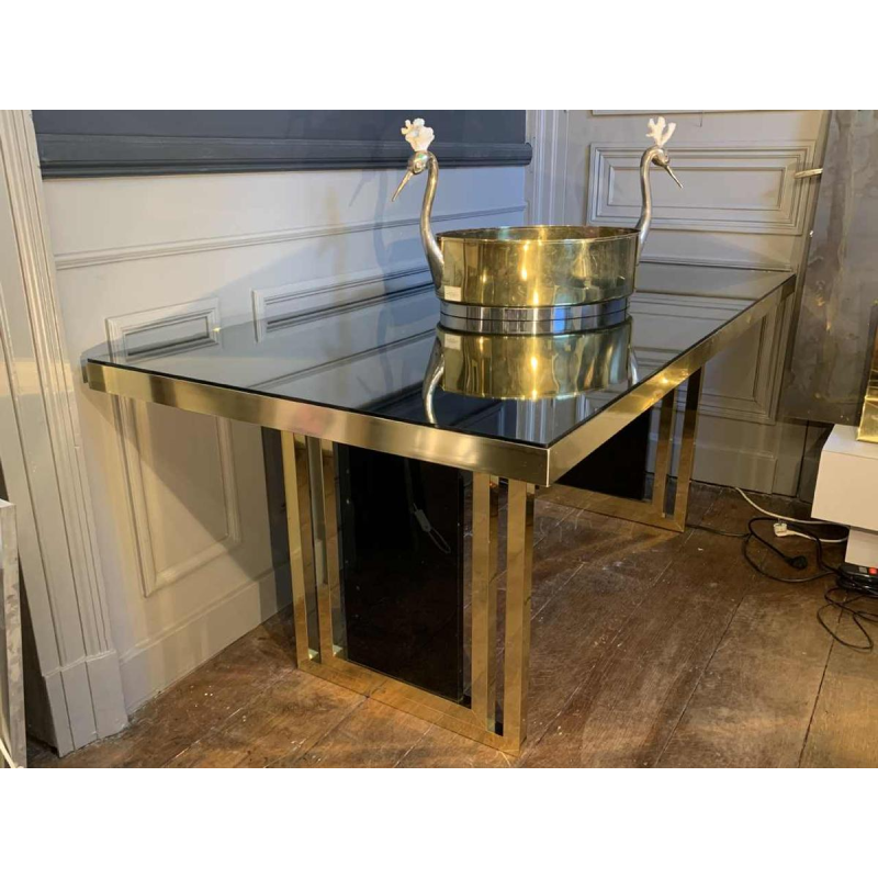 Romeo Rega atributed, Italian Brass Black Dining Table, Design Hollywood Regency