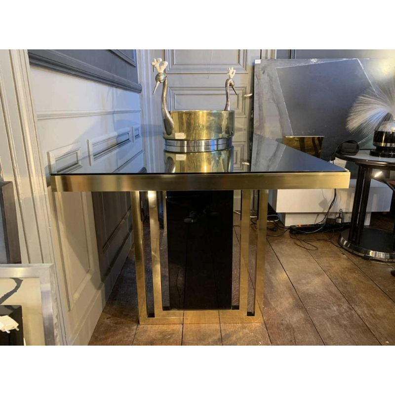 Romeo Rega atributed, Italian Brass Black Dining Table, Design Hollywood Regency