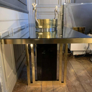 Romeo Rega atributed, Italian Brass Black Dining Table, Design Hollywood Regency