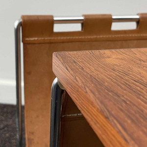 Vintage leather, rosewood, chromed steel side table / newspaper rack, ca 1970