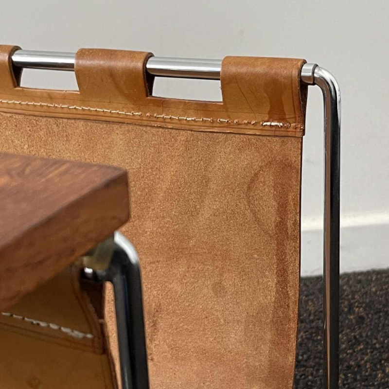 Vintage leather, rosewood, chromed steel side table / newspaper rack, ca 1970