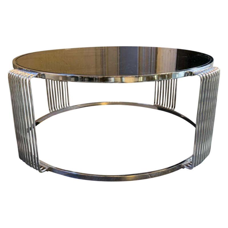 Table Basse / Salon Ronde Acier ChromÃ© Verre FumÃ©, Design Italien, Vintage.1970s