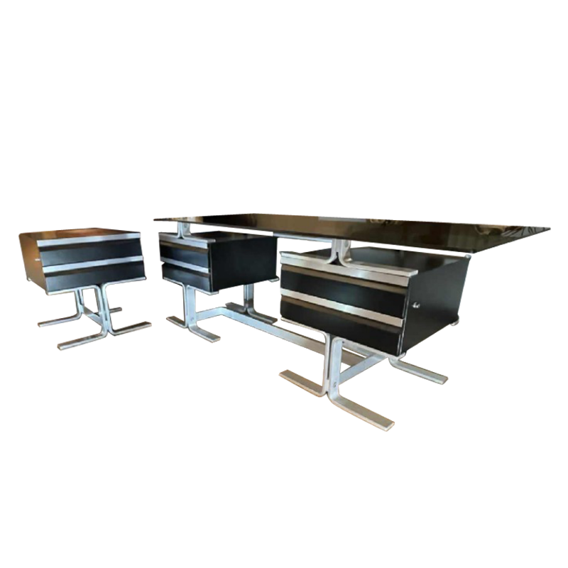 WALTER & MORETTI, Stamped Modernist Design Desk, Brushed Aluminium, 1970s