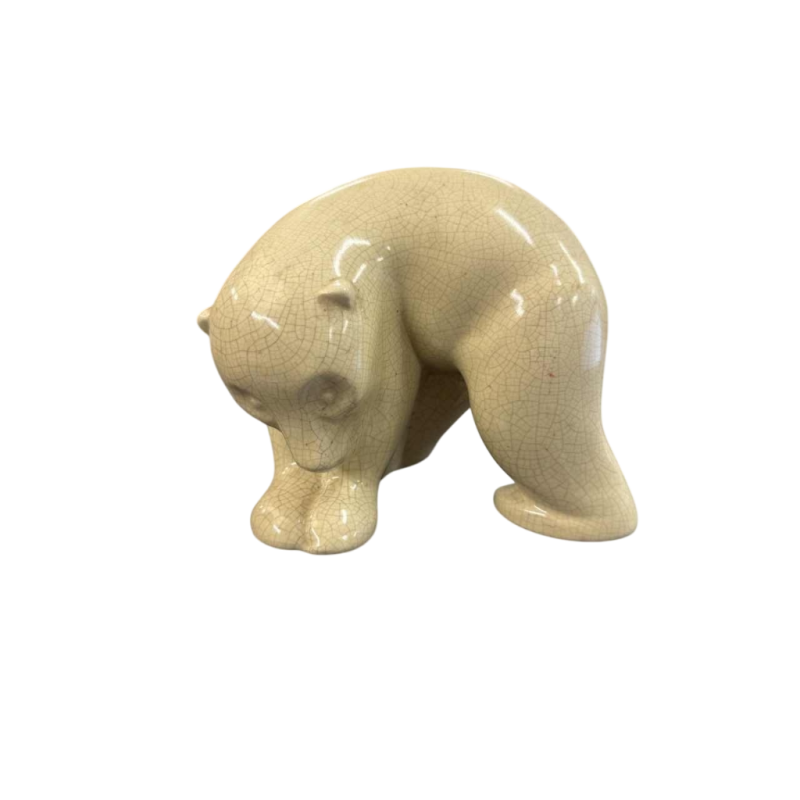 Faïencerie de Nimy, sculpture ours Art Déco en céramique, craquelé blanc, ca 1930