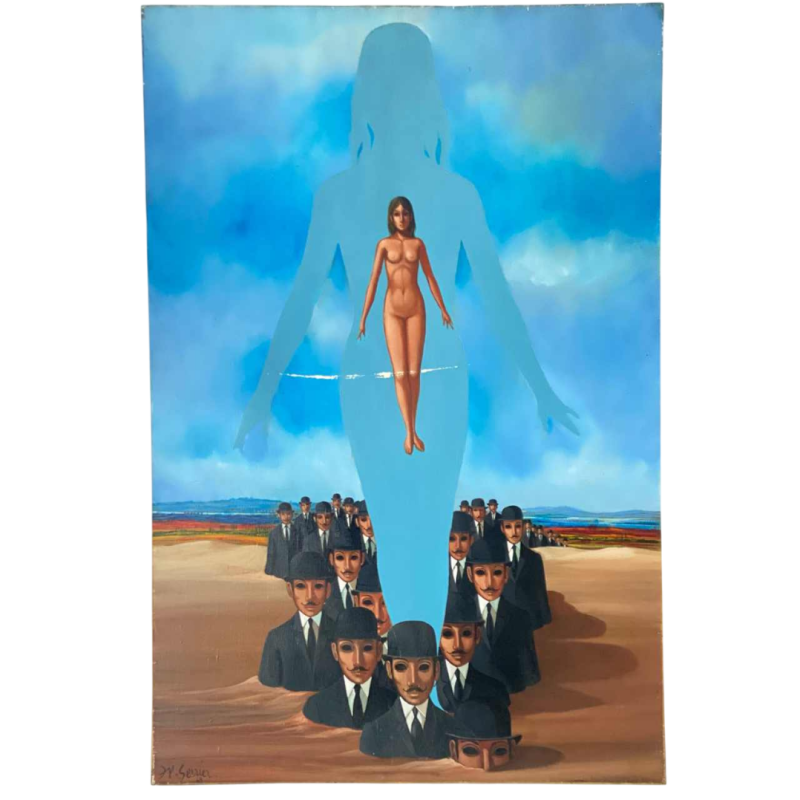 Jean-Pierre Serrier 'La femme dominante' surrealistisch schilderij, olieverf op doek, 1969