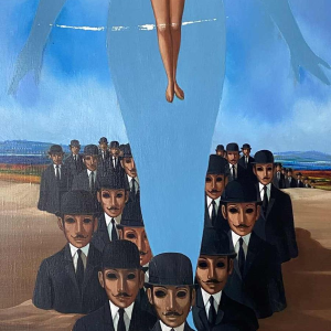 Jean-Pierre Serrier 'La femme dominante' tableau surréaliste, huile sur toile, 1969