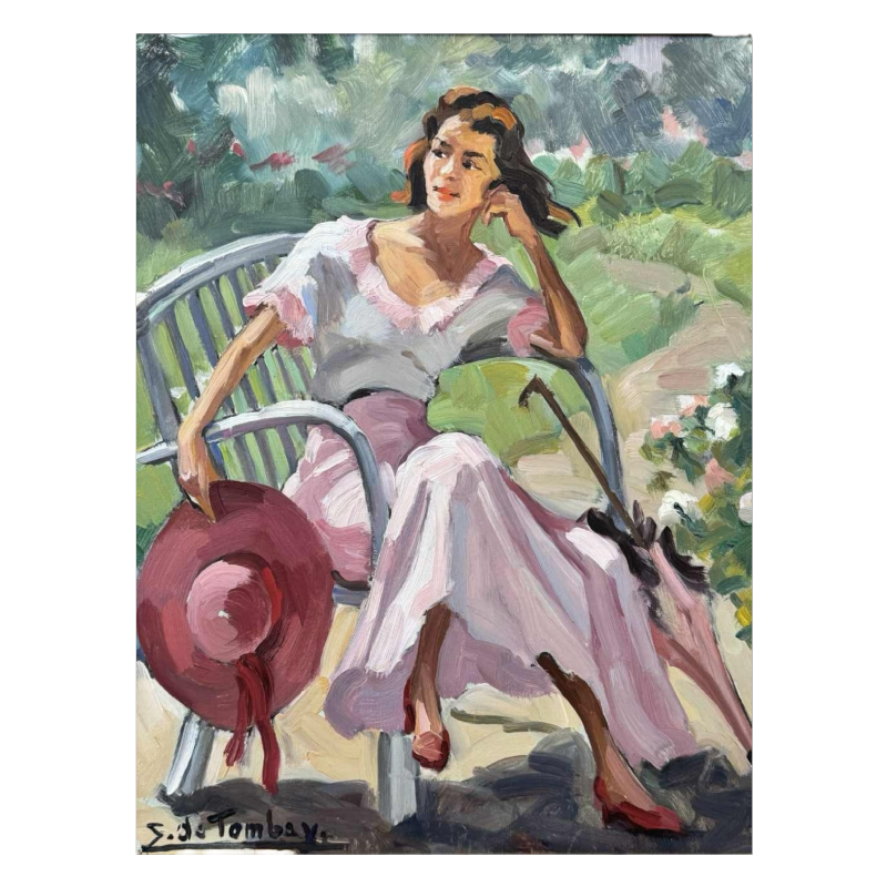 Ellen de TOMBAY (1918-1998): Élégante jeune dame au chapeau et ombrelle